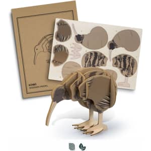 A wooden model of a kiwi bird in natural tones, with a set of flat pieces for assembly included.