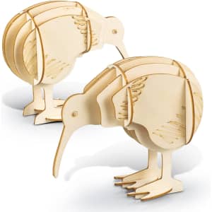 Two wooden kiwi bird models in natural wood colour, featuring detailed carvings and a simplistic design.