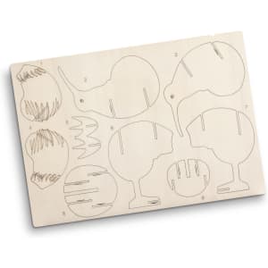 A wooden model kit featuring kiwi shapes with cut-out sections for assembly, in a natural wood finish.