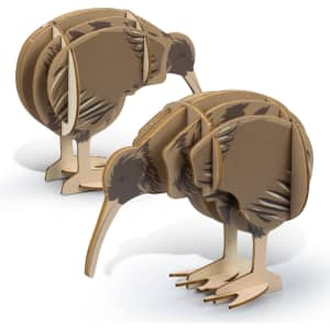 Kiwi wooden model in brown and beige, featuring a detailed design and standing on a display base.