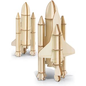 A wooden model of a rocket ship featuring natural wood finish and intricate details. Includes multiple rocket designs.