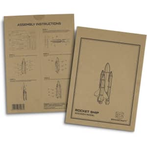 Assembly instructions for a wooden rocket ship model. The packaging features a brown background with black line drawings.