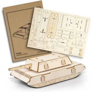 A wooden tank model kit made of light-coloured wood, featuring detailed parts and a packaging design with a logo.