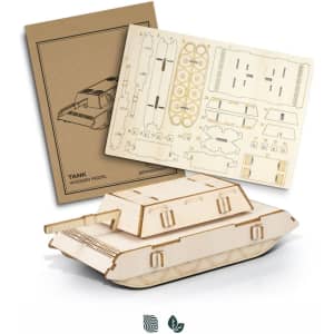 A wooden tank model kit in beige with cut-out pieces and assembly instructions on a cardboard sheet.