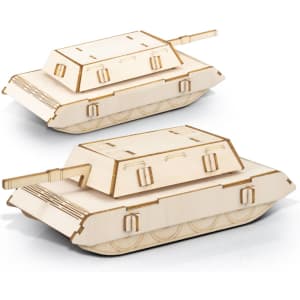 A wooden model of a tank, featuring a natural wood finish with detailed cut-out designs.