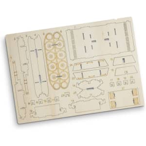 A wooden model kit featuring various pre-cut pieces for assembly, showcasing natural wood colour. Includes a branding logo.
