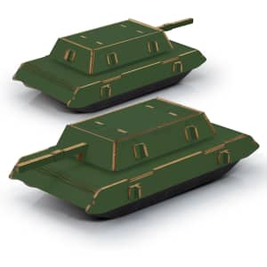 A green wooden model tank featuring detailed cutouts and a sturdy base, designed as a novelty item.