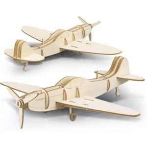 A wooden model airplane in natural wood colour, featuring a sleek design with propellers and wings.