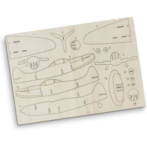 A wooden model kit featuring laser-cut parts for assembling a Spitfire aircraft, showcasing light wood colour.