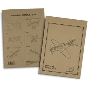 A brown packaging featuring assembly instructions for a wooden model of a Spitfire airplane with illustrations.