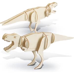 A wooden model of a Tyrannosaurus Rex in a natural finish, featuring articulated joints and a logo.
