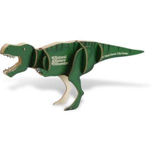 A green Tyrannosaurus Rex wooden model, featuring jointed limbs and a logo, stands in a dynamic pose.