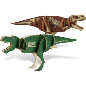 Two wooden Tyrannosaurus Rex models in green and brown, featuring a skeleton design and a logo.