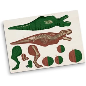 A wooden model kit featuring a Tyrannosaurus Rex with green and brown components for assembly.
