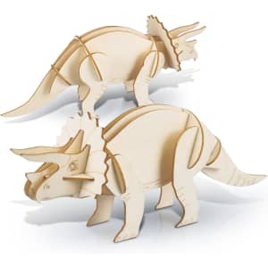 A wooden model of a triceratops in natural wood finish, featuring detailed cutouts and a sturdy design.