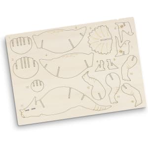 A wooden model kit featuring various numbered pieces for assembling a triceratops, designed for novelty and fun.
