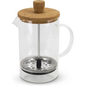 A glass coffee plunger with a cork lid, metal filter, and a black handle, designed for brewing coffee or tea.