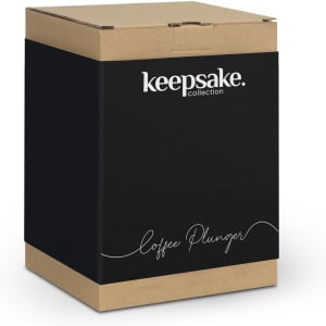 A brown cardboard box with a black panel, featuring a logo and the words "coffee plunger" on the front.