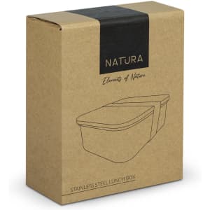 A stainless steel lunch box in a brown packaging featuring a minimalist design and a logo.