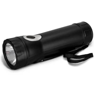 A black rechargeable torch with a strap and a silver button, featuring a bright light at one end.