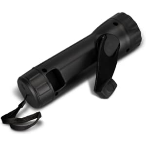 A black rechargeable torch with a wrist strap and a clip, designed for convenience and portability.
