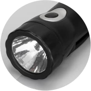 A black rechargeable torch featuring a silver button and a reflective lens. It has a branding logo on its side.