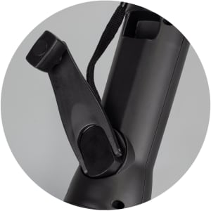 A black Dynamo Rechargeable Torch with a side lever and a wrist strap for easy carrying. Features a branding logo.