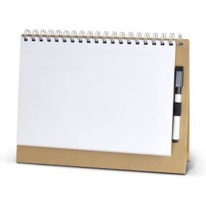 A desk whiteboard notebook with a spiral binding and a pen, featuring a white, dotted writing surface.
