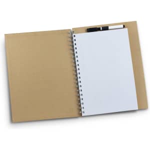A spiral-bound notebook with a plain white writing surface and a brown cardboard cover, includes black markers.