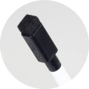 A black and white marker with a felt tip for use on whiteboards, featuring a rectangular eraser on one end.