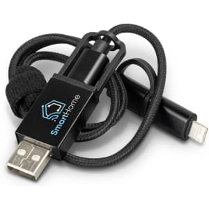 A braided charging cable in black, featuring a USB connector and a lightning connector, with a logo.