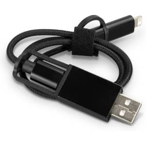 A braided black charging cable with a USB connector and a compatible end, neatly bundled with a black strap.