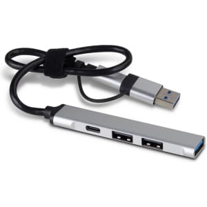 A silver USB hub with multiple ports and a connected cable, designed for technology use.