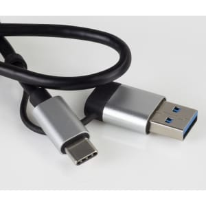 A black USB cable featuring a silver USB-A connector and a USB-C connector.