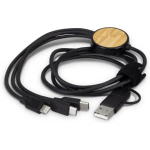 A bamboo triple connector charging cable in black, featuring USB, Lightning, and micro USB connectors.