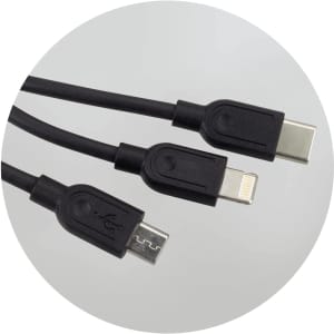 A black bamboo triple connector cable featuring USB, Lightning, and Micro USB connectors.