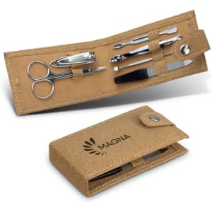 A cork manicure set featuring scissors, nail clippers, tweezers, and a nail file in a compact case with a logo.