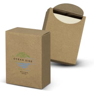 A box of travel tissues in a brown kraft paper design with a rounded top and a visible branded logo.