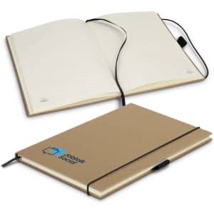 A brown hardcover notebook with a ribbon closure, featuring lined pages and a logo on the cover.