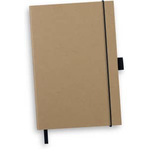A brown hard cover notebook with an elastic band closure and a ribbon bookmark. It has a logo on the front.