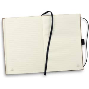 A hard cover notebook with a brown exterior, featuring lined pages and a black ribbon bookmark.