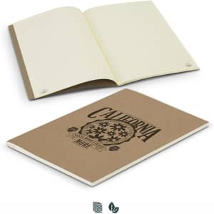 A soft cover notebook featuring a brown cover and lined pages, with a printed design and a logo on the front.