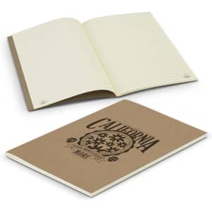 A soft cover notebook in brown with lined pages, featuring a decorative design on the front. It has a logo.