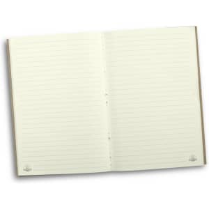A soft cover notebook with lined pages, featuring a cream colour and a simple logo at the corners.
