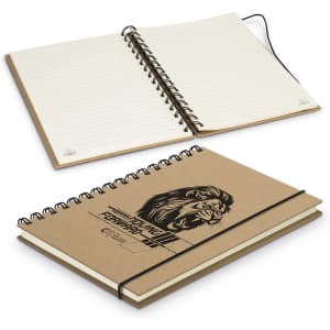 A spiral notebook with a lion graphic on a kraft cover, featuring plain pages and a black elastic band closure.