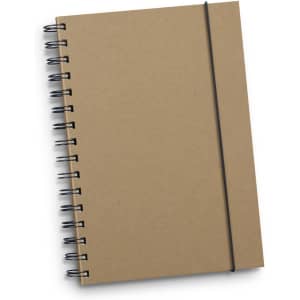 A brown spiral notebook with an elastic band closure features black spirals and a plain cover.