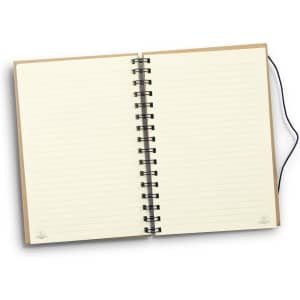 A spiral notebook with beige covers and lined pages, featuring a logo on the bottom corners.
