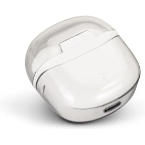 A pair of white Bluetooth earbuds in a translucent charging case with a USB-C port.