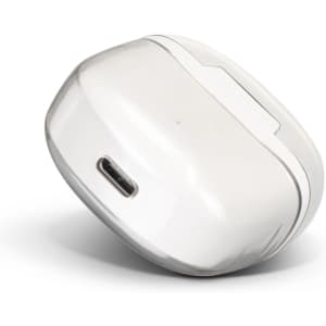 A pair of white Bluetooth earbuds in a compact charging case with a USB-C port.