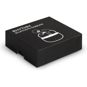 A black box containing Rhythm Bluetooth earbuds, featuring a simplistic design with an illustration of the product.